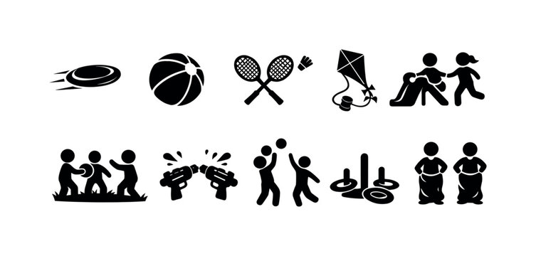 Collection of outdoor games and activities icons for children's fun and recreation