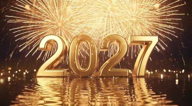 Golden 2027 Numbers Reflecting on Water with Fireworks Display Cinematic Motion