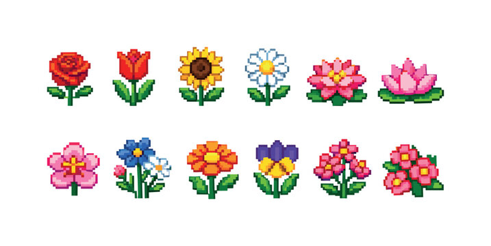 Collection of pixel art flowers in various colors and styles on a white background