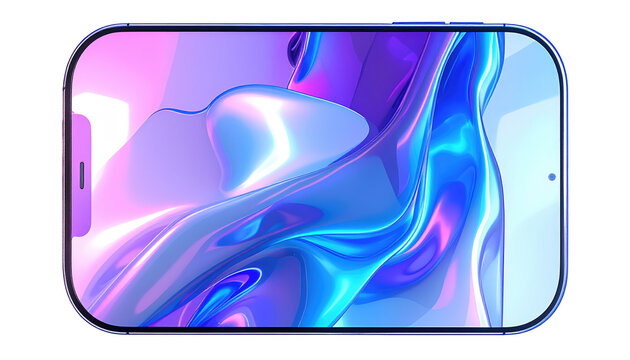 A high-tech phone renders with curved edges, showcasing a vibrant, abstract, glossy, flowing design that fills the screen