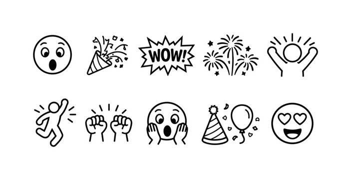 Collection of celebration and excitement icons, including emojis and party elements