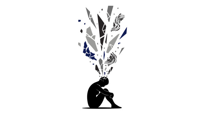 Person sitting in distress with abstract shapes exploding from head in black gray and blue hues