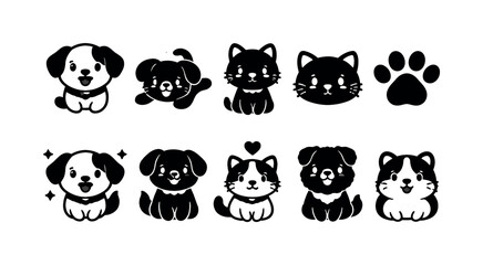 Fototapeta premium Cute cartoon puppies and kittens in black and white, a playful collection