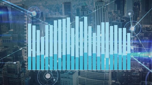 Animation of data processing over cityscape