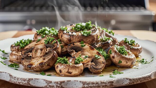 Delicious Grilled Mushrooms Garnished with Fresh Herbs on a Plate.