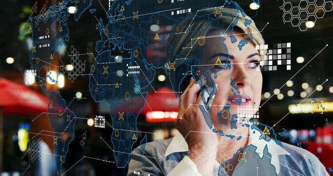 Animation of world map processing data over happy caucasian woman using phone in city at night