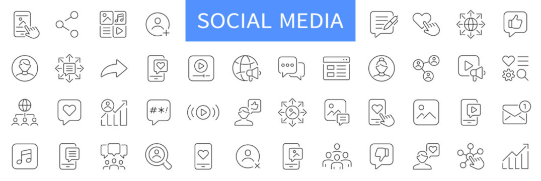 Social media thin line icons set. Content, social network icon. Editable stroke. Vector