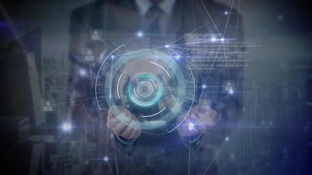 Animation of scope scanning and network of connections over caucasian man and cityscape