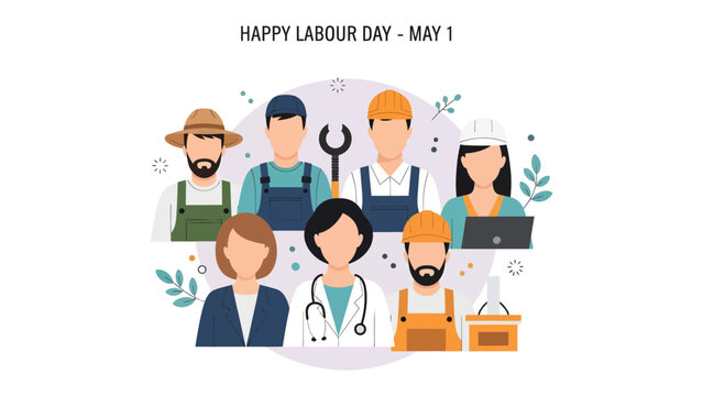 Labour Day Celebration: A diverse group of essential workers come together in a vibrant display of unity and appreciation, symbolized by their various tools and attire.