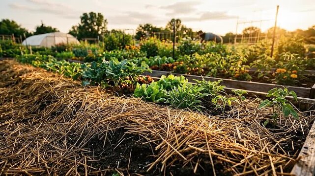 Regenerative gardening raised bed vegetable seedling mulch straw soil seedlings sunset community farm sustainable organic harvest