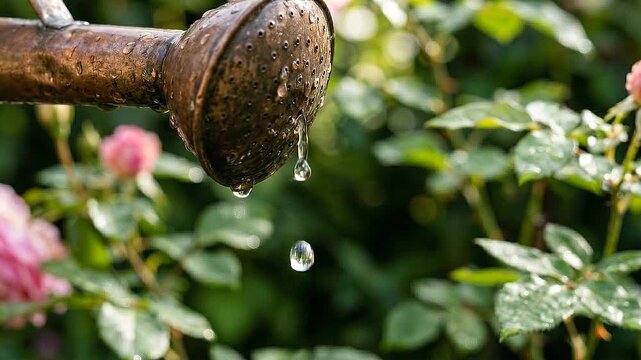 Regenerative gardening watering can spout dripping water droplet over rose leaf bloom in garden copper metal rustic nurturing soil and plant growth