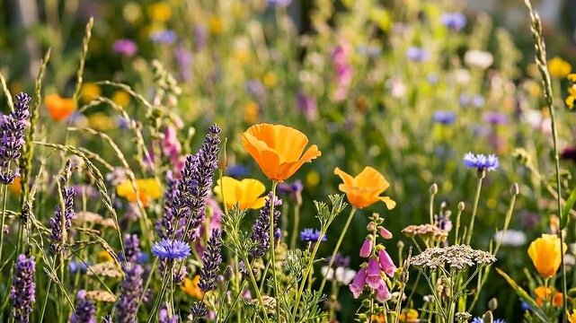 Regenerative gardening wildflower meadow with poppy and lavender creating vibrant pollinator friendly summer bloom texture sunlit field