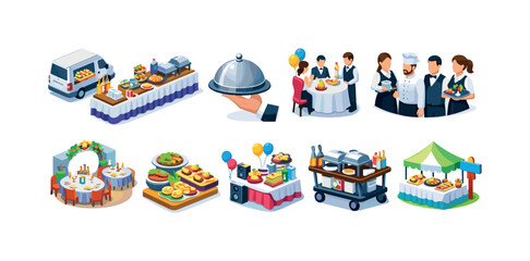 Fototapeta premium Diverse catering services and event food setups for various occasions