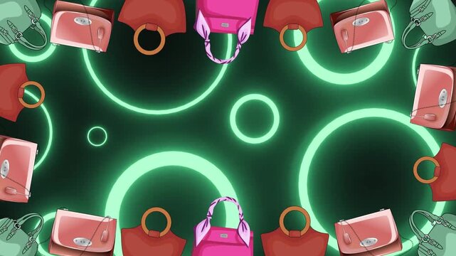 Multiple black balloons floating against glowing pink memo into glass at retro