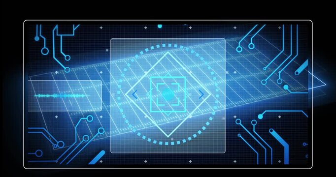 Animation of neon stadium over data processing and scope scanning on black background