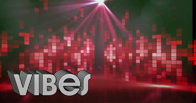 Animation of vibes text over light trails and moving columns on black background