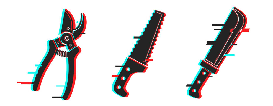 Glitch art: garden shears, saw, and machete icons in red and blue