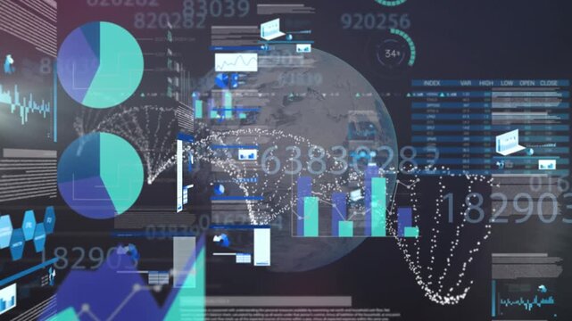 Animation of data processing over dna strand and globe on black background