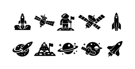Obraz premium Collection of black space-themed icons featuring rockets, astronauts, and satellites