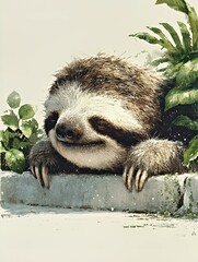Fototapeta premium Serene Sloth in Tropical Foliage: Watercolor Wildlife Art