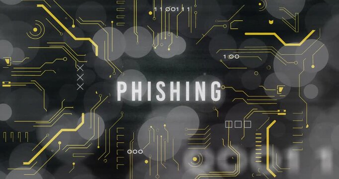 Animation of phishing text, x symbol, binary codes, circuit board pattern over bokeh effect