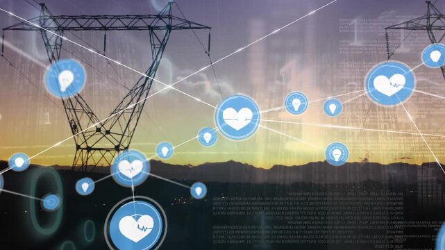 Animation of network of connections with icons and data processing over electricity pylon