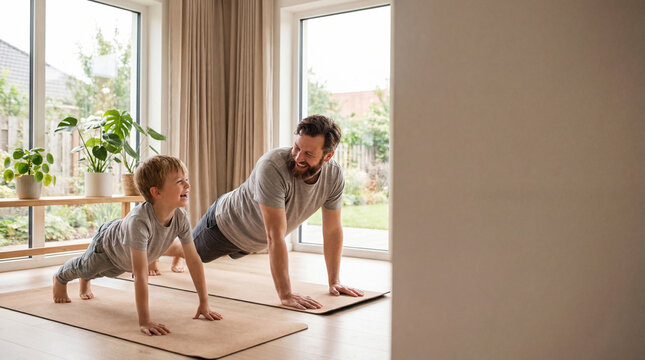 Father son exercise yoga mat home morning sunlight healthy bonding smiling. Father and son doing push ups together yoga mats bright living room