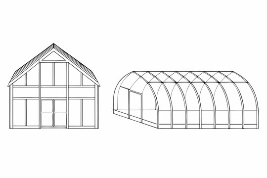 Line drawing of two different greenhouse structures gable and quonset