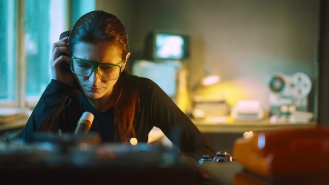 Woman listening to a message in the headphones pressed to one ear and speaking into a microphone to record a message on a tape recorder. Selective focus