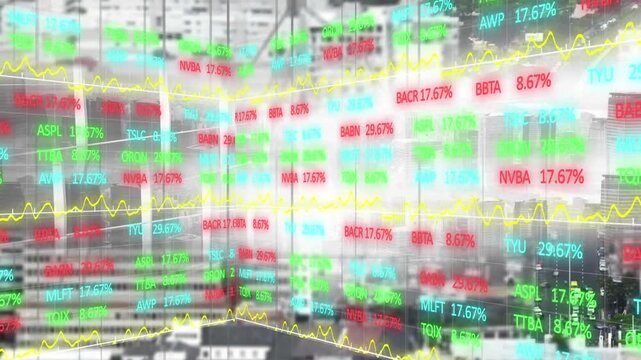 Animation of financial and business data processing over cityscape