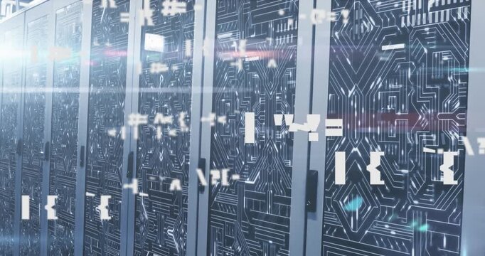 Animation of changing symbols, light spot and microprocessor connections over computer server room