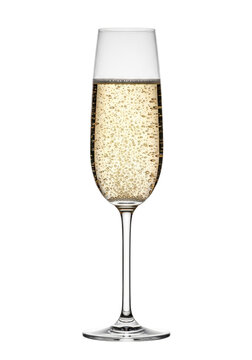 A flawless, tall, slender crystal champagne flute, filled three-quarters with pale golden vintage champagne and ascending perlage, isolated against a pure high-key white background. High-end luxury
