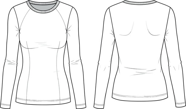 Women Long Sleeve Raglan Tee Technical Fashion Flat Sketch Template Vector Illustration Front and Back View for Apparel Design Mockup