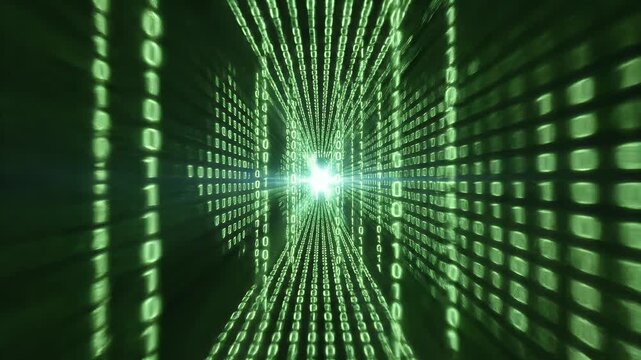 Abstract green digital code tunnel with blurred lights