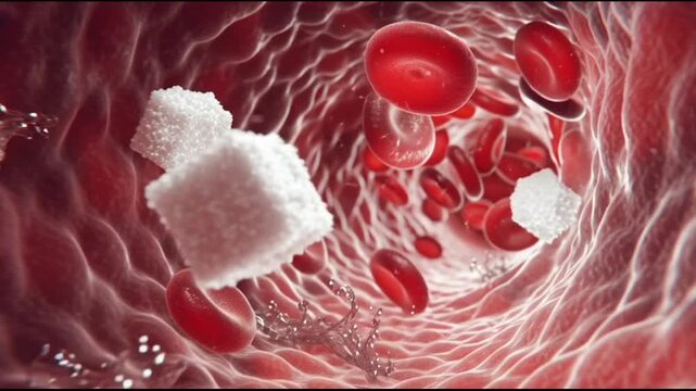 Medical illustration of hemoglobin cells and sugar in blood vessel