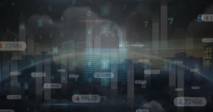 Animation of icons and data processing over cityscape