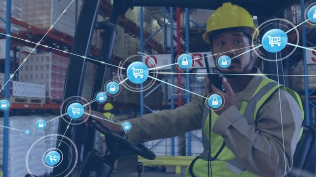 Animation of network of icons on asian male worker using walkie talkie in a forklift at warehouse