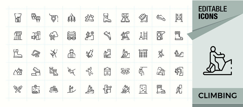 Set of Climbing line icon. Contains such icons as mountain, camp, activity, camping, adventure and more. Icons for UI designs. Adventure line icon set. Editable stroke. Vector illustration.