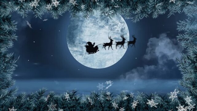 Animation of snowflakes over silhouette of santa claus in sleigh pulled by reindeers against moon
