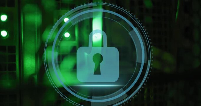 Animation of cyber security text and security padlock icon on round scanner against server room