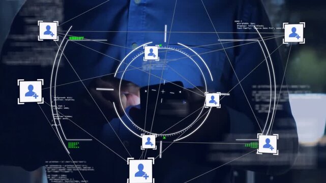 Animation of connected icons and computer language over caucasian man scrolling on smartphone