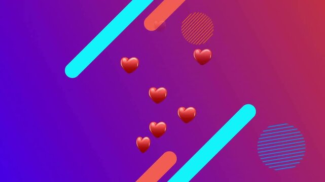 Animation of heart shapes flying over bars, lines and circles against gradient background