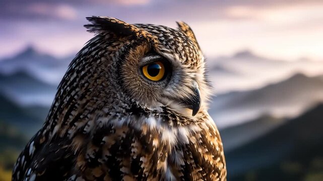 Close up portrait of majestic owl looking at camera calmly.