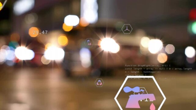 Animation of eco icons data processing over city