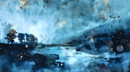 Obraz premium Azure Whispers: Abstract Blue Landscape with Gold Spirals and Misty Waters