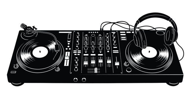A black and white illustration of a dj setup with turntables and headphones