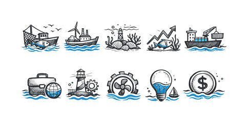 Naklejka premium Collection of hand-drawn icons representing maritime industry, finance, and innovation concepts