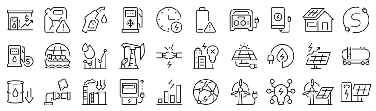 Modern energy crisis icon set including gas, fuel, electricity, power supply, blackout, renewable energy and infrastructure symbols. Perfect for energy industry, global crisis, sustainability and busi
