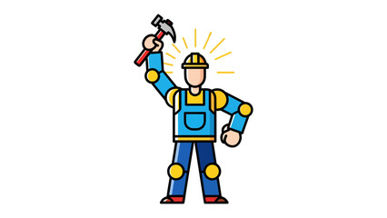 Obraz premium Construction worker with hammer: An illustration of a determined construction worker triumphantly raising a hammer high, symbolizing strength, building and dedication.