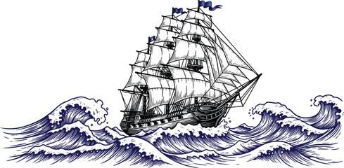 Vintage Woodcut Style Sailing Ship Engraving on Rough Ocean Waves for Nautical Branding, Maritime History Illustrations, Sailing Club Logos, and Antique Marine Design © MdRoni